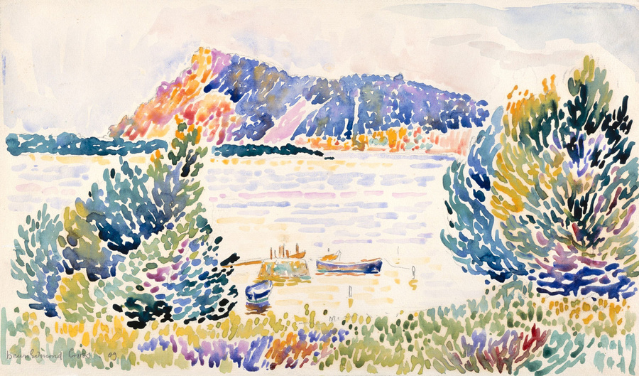 Cap Negre, by Henri-Edmond Cross, 1909, French Neo-Impressionist watercolor painting. The work's abstracted color bright color is similar to that of the Fauves, the group of artists that included Matisse, Andre Derain, and Albert Marquet  (BSLOC_2017_5_10